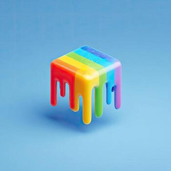 A cube, each side painted with the colors of a rainbow and dripping down its sides photo