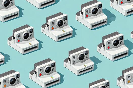 Repeating pattern of white instant cameras on a pale blue background, isometric view photo