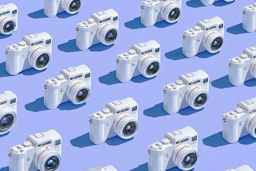 Repeating pattern of white digital cameras on a light purple background photo