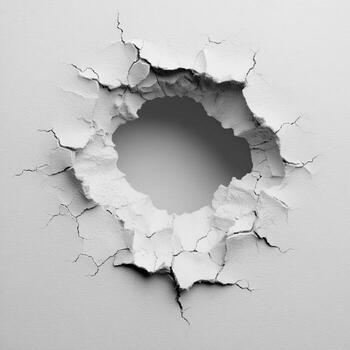 Close-up of a hole in a white surface with jagged edges and radiating cracks photo