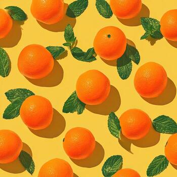Vivid, eye-level photo of a vibrant yellow background dotted with bright oranges and green mint