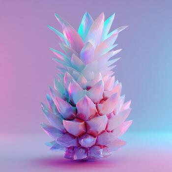 Geometric pineapple rendered in iridescent, pastel hues, against a gradient backdrop photo