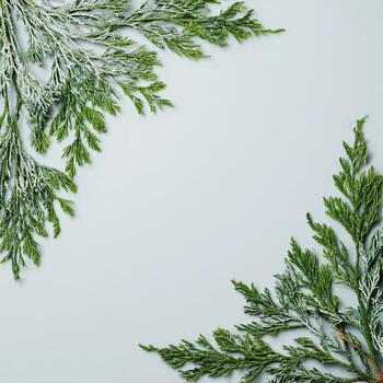 Evergreen branches with frosted tips frame a blank pale blue space. Natural texture photo