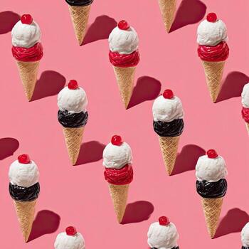 Repeated pattern of ice cream cones with tri-colored scoops and cherry on top, on a pink backdrop photo