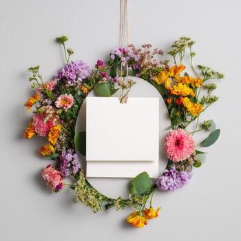 A floral wreath surrounds a blank square, hanging by a string on a soft background photo