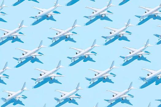 Patterned overhead view of toy airplanes casting shadows on a light blue background photo