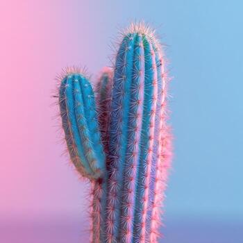 Close-up of a tall cactus with sharp spines, set against a gradient pink and blue background photo