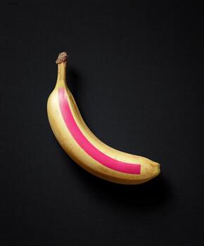 A yellow banana with a straight pink line across, set against a stark black background photo