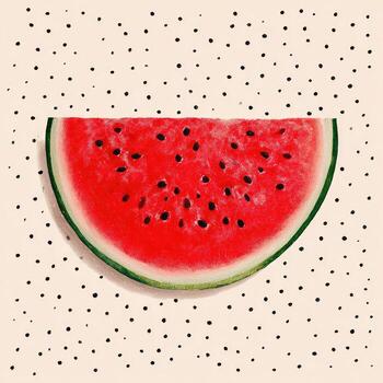Vibrant watermelon slice with black seeds, green rind, set against polka dots backdrop photo
