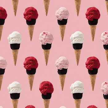 A repeating pattern of ice cream cones, with different colored scoops, on a pink background photo
