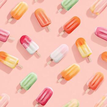 Colorful frozen treats on sticks, arranged in a repeating pattern, with a light pink background photo