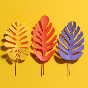 Three colorful, paper-cut tropical leaves on a solid yellow background photo