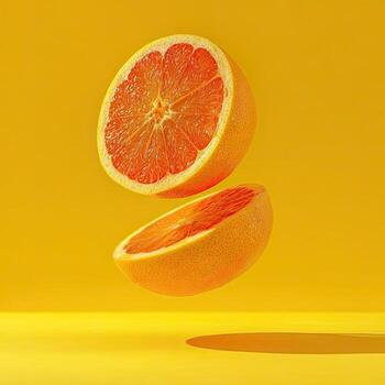 Two grapefruit halves floating, casting a shadow on a bright yellow background photo
