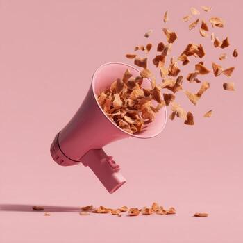 A pink megaphone floating mid-air, spewing small, textured chunks against a matching backdrop photo
