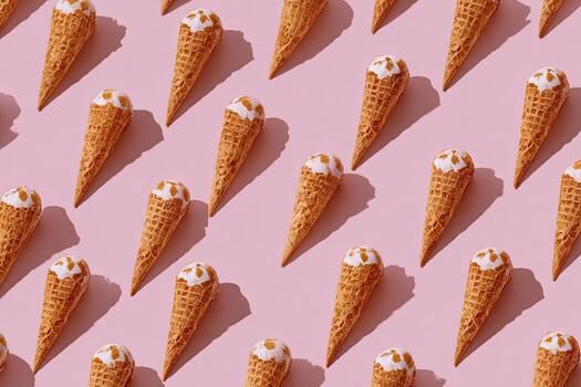 Overhead view Repeating diagonal pattern of ice cream cones, pink backdrop photo
