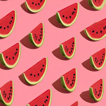 Vivid overhead pattern of juicy watermelon slices with shadows on a pink background photo