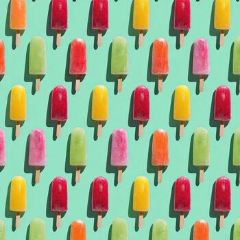 Pattern of colorful, fruit-flavored ice pops casting shadows on a teal background photo