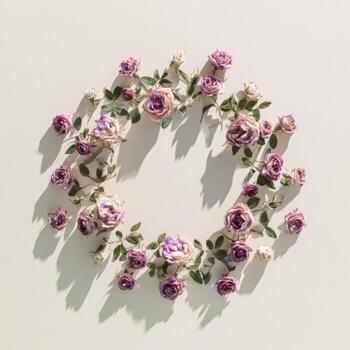 Overhead shot of a floral wreath on a beige surface, casting a shadow photo