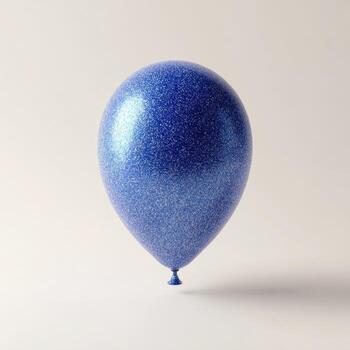 A single, shimmering blue balloon floats against a neutral, light background photo
