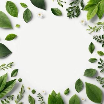 Green leaves and small white flowers arranged in a circle on a white background, flat lay photo