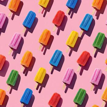 Pattern of colorful frozen treats on sticks, creating a vibrant, textured, and summery visual photo