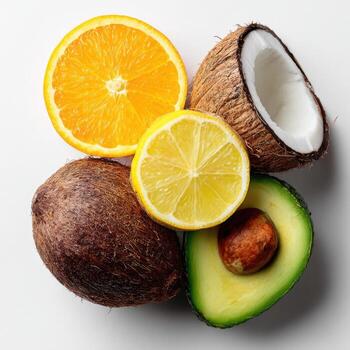gastos generales ver de un agrios formación rebanado naranja, limón, palta, y cocos en blanco foto