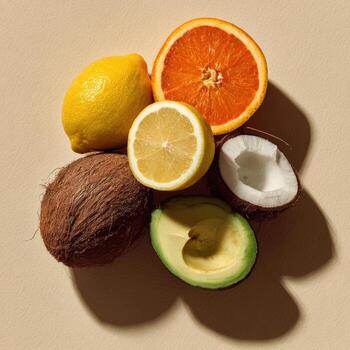 Overhead close-up of fresh citrus, avocado, and coconut arranged on a neutral-toned surface photo