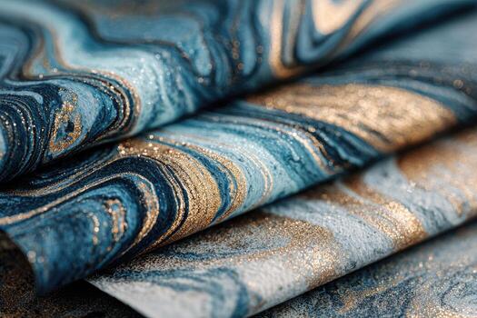 Close-up view of folded textured fabric with swirls of teal, blue, and gold photo