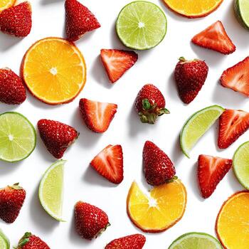 Overhead shot of colorful, fresh fruit scattered on a white surface. Limes, oranges, and strawberries photo