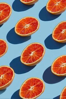 rebanado agrios Fruta mitades en un repitiendo modelo en un ligero azul fondo, ensombrecido foto