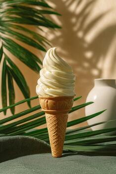 Swirled soft serve in a waffle cone with leafy plants and shadow play against a beige backdrop photo