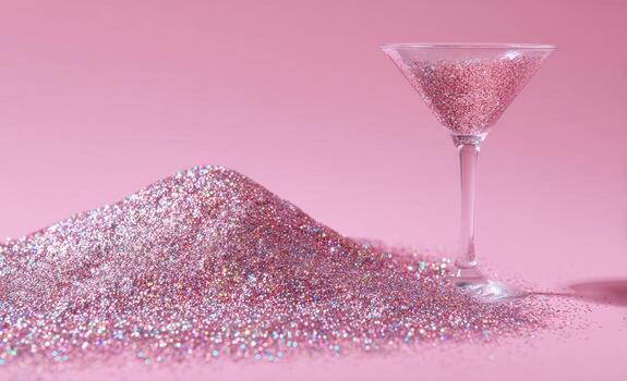 Martini glass and glittering pile against pink backdrop, creating a festive, sparkling scene photo