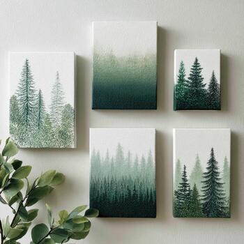 Five framed art pieces with forest scenes, featuring layered greens and a misty effect photo