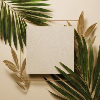 Square beige card in a gold frame, surrounded by green and tan tropical leaves on a beige surface photo
