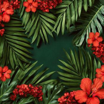 Lush tropical arrangement with vibrant red flowers and large green leaves forming a frame photo