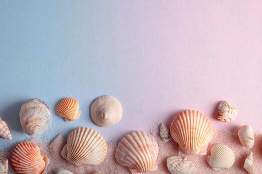 Assortment of seashells on sand against a gradient blue to pink background photo