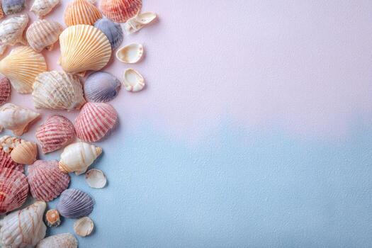 Assortment of seashells in various colors against a two-toned pastel background photo