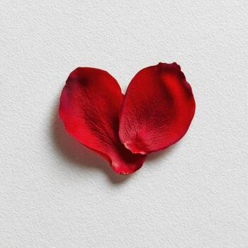 A heart formed from two deep red rose petals set against a textured white backdrop photo