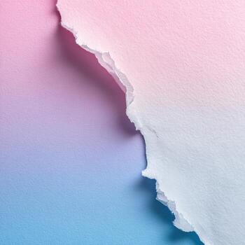 Torn white paper edge reveals contrasting gradient hues of pink and blue, textured photo