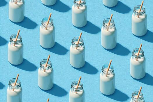 Patterned grid of small glass jars filled with white liquid, each with a straw, on blue photo