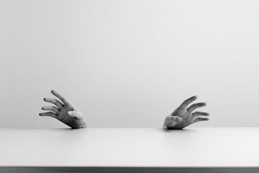 Two human hands reaching up, out of a flat surface, stark monochromatic aesthetic photo