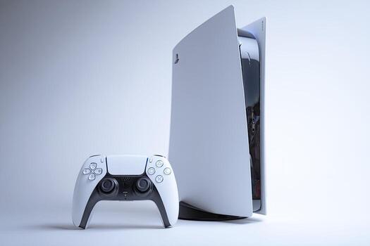 White console and controller set against a light backdrop. Angled view shows sleek design photo