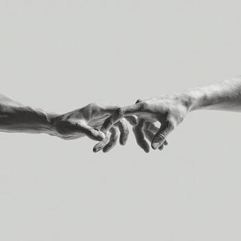 Close up monochrome of two hands reaching towards each other, fingertips touching photo