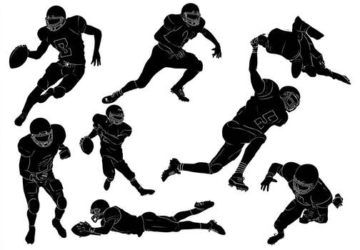Silhouettes of football players in various action poses against a white background photo