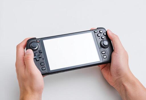 manos participación un Mano juego de azar dispositivo con un brillante, blanco pantalla en contra un blanco fondo foto