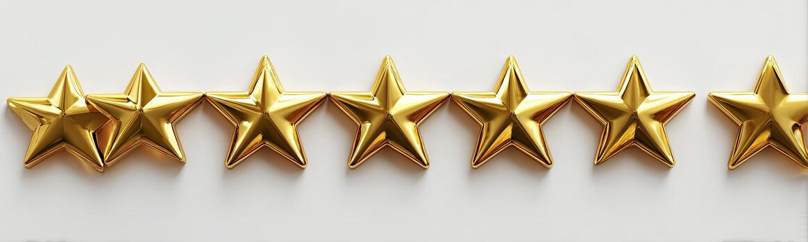 Six golden, star-shaped objects arranged in a row on a white surface, creating a pattern photo