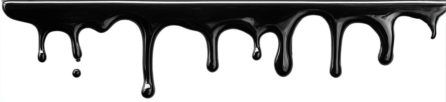 Black viscous liquid dripping down, creating a flowing pattern on white background photo