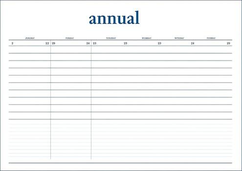 Blank annual planner template with horizontal lines, days of the week, and header photo