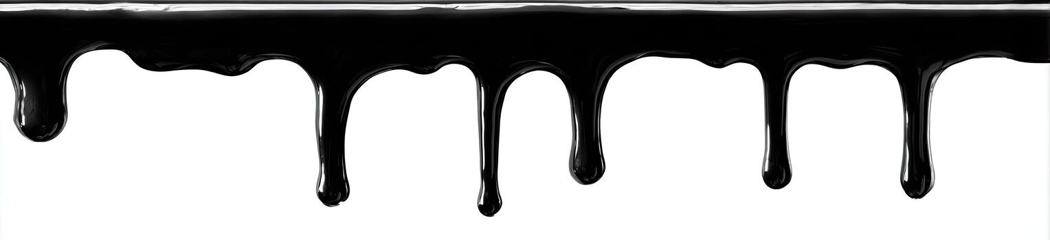 Black liquid dripping downwards from an unknown source against a white background photo