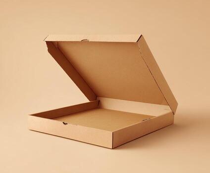 An opened, empty cardboard pizza box against a neutral background photo